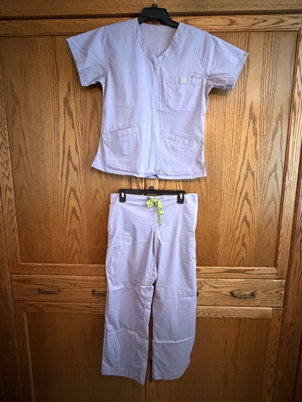 Med Couture Lavender Two-Piece Scrub Set with Lime Drawstring
